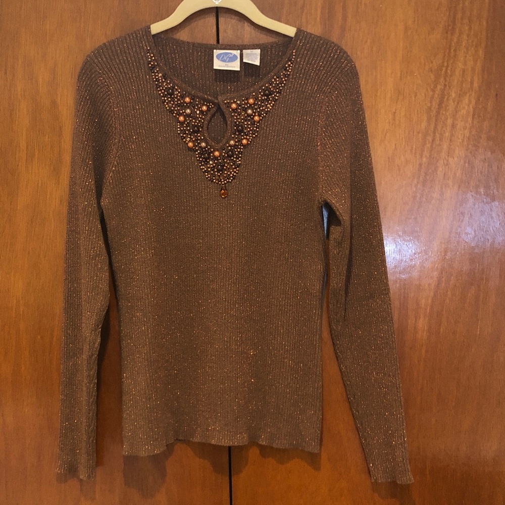 Dg2 by Diane Gilman Vintage Brown Copper Metallic Shimmer Beaded Keyhole Top